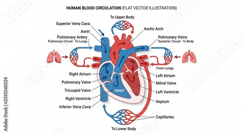 Bild auf Leinwand Blood circulation flow isolated on white background, cardiology vector illustrat