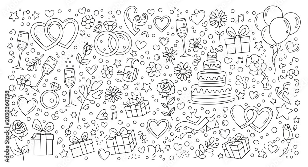 Obraz premium A delightful collection of hand-drawn wedding and celebration icons, perfect for invitations, decorations, and stationery