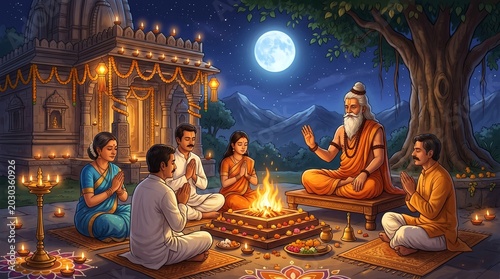 Guru Purnima Celebration with Ancient Sage and Devotees Performing Yagna in Full Moonlight – Spiritual Guidance and Blessing
