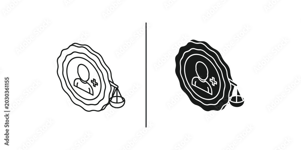 Naklejka premium Justice icon with silhouette person and scales divided by line