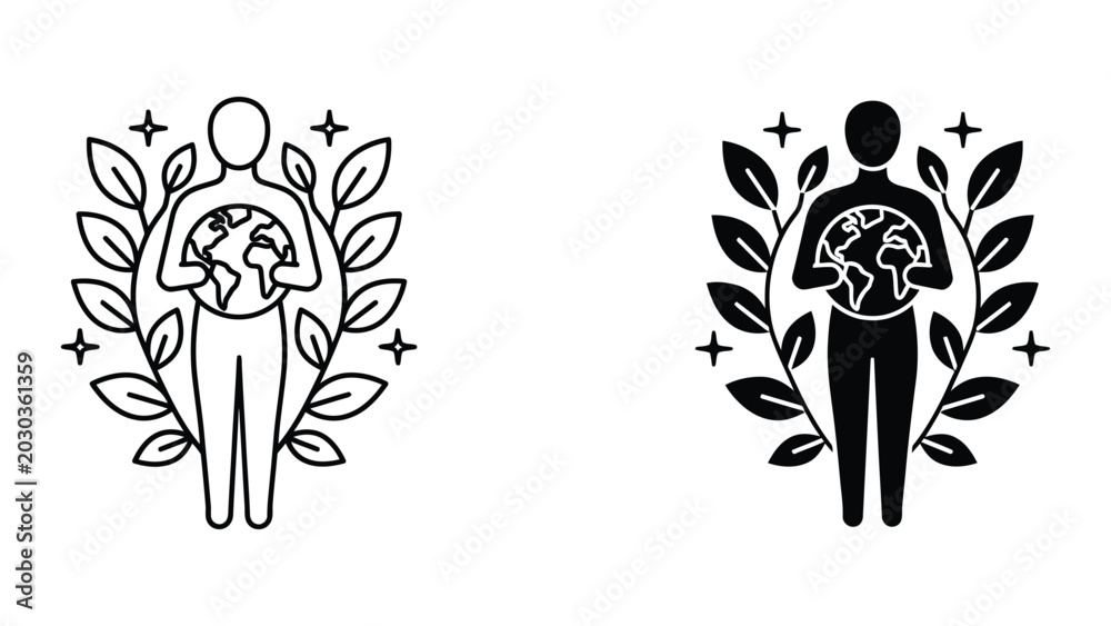Fototapeta premium Person holding globe with brain and leaf wreath icons