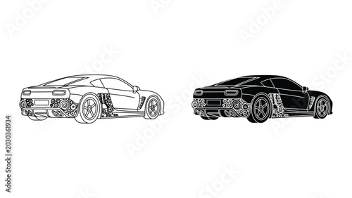 Tableau sur toile Sketch style sports car rear view comparison