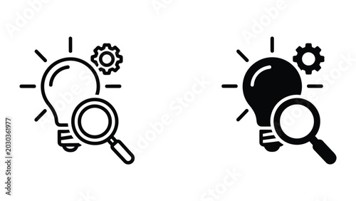 Light bulb idea icon under magnifying glass with gear