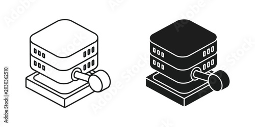 Isometric database servers with magnifying glass icons