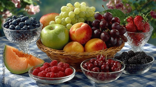Colorful Summer Fruit Picnic with Grapes, Peaches, Apples, Berries, and Cherries
