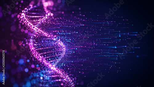 AI generated glowing digital DNA strands flowing data particles representing genomics biotechnology futuristic information technology