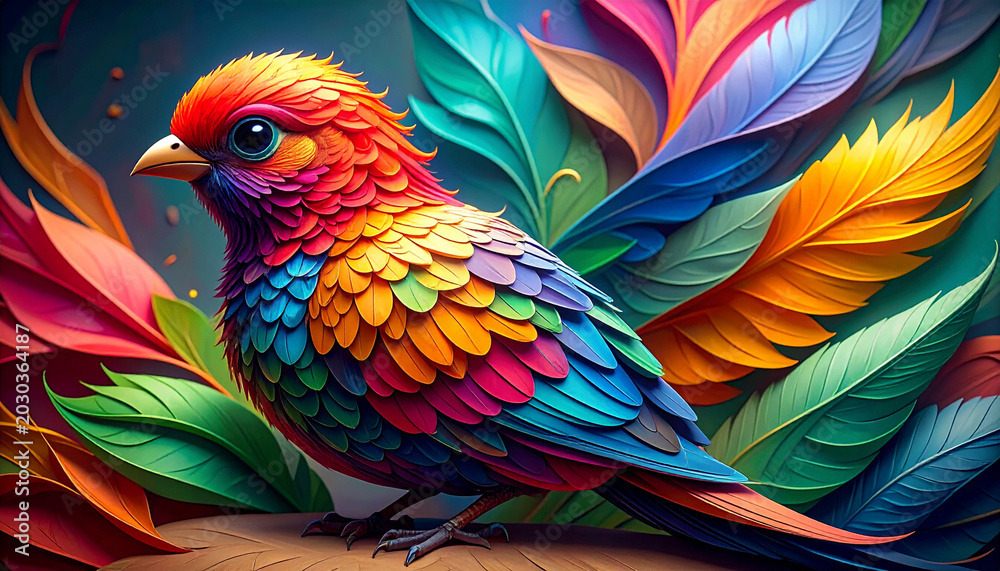 Obraz premium Vibrant colorful bird with vivid feathers and lush foliage illustration
