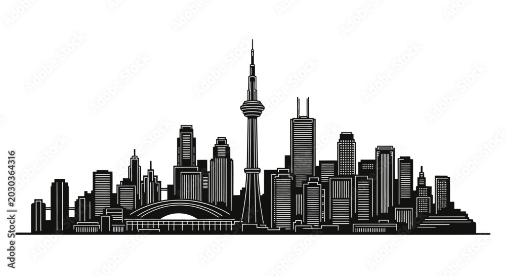 Naklejka premium Toronto City Skyline Silhouette with CN Tower, Urban Vector Art