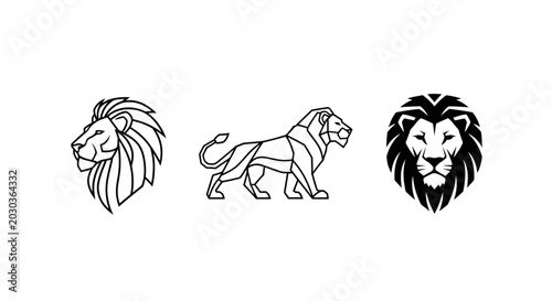 Three Unique Black and White Lion Illustrations Set.