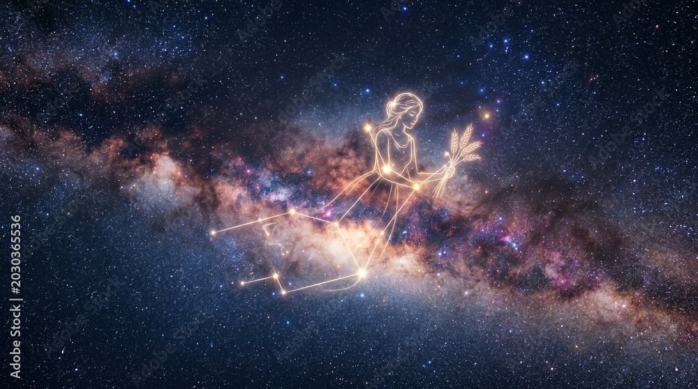 Naklejka premium Elegant Virgo constellation illustration featuring a glowing maiden holding wheat, overlaying a brilliant, starry Milky Way galaxy background