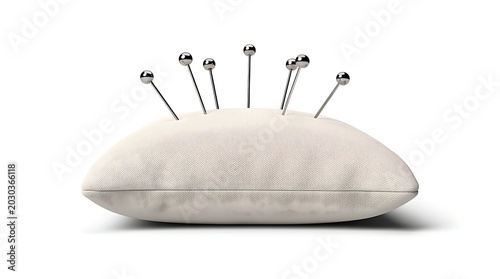 White pin cushion with multiple sewing pins isolated on white backgrou