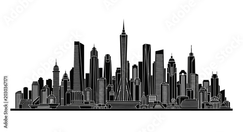 Black and White City Skyline Silhouette Vector Illustration