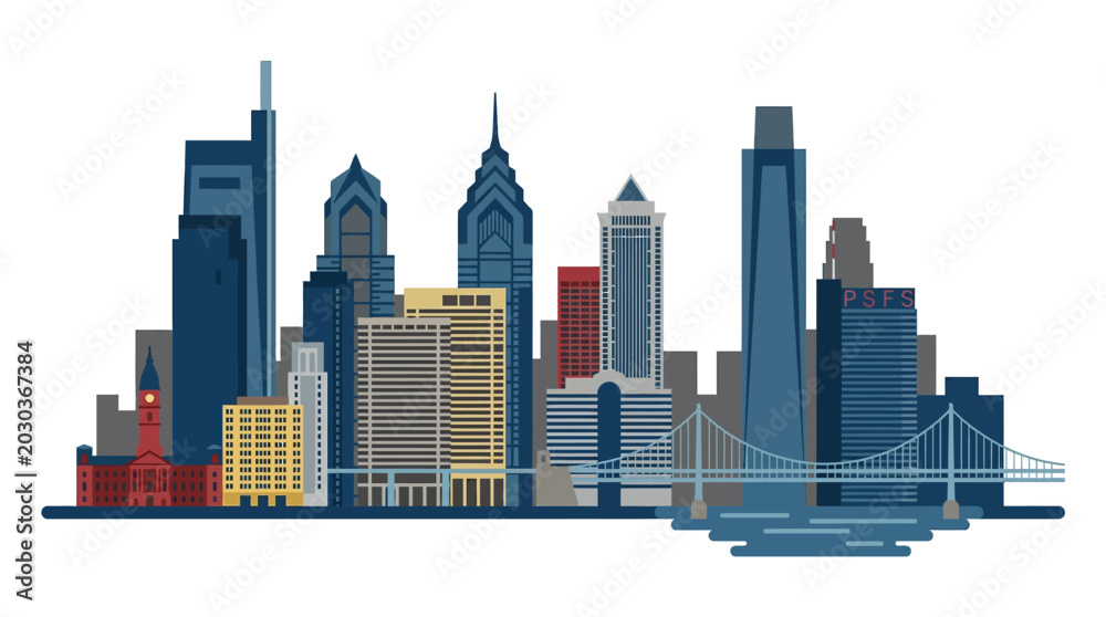 Obraz premium Vibrant flat vector illustration of a modern city skyline panorama featuring diverse architectural structures and an urban bridge at dusk