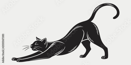 Schilderij op canvas Black silhouette of a stretching cat in a graceful pose with stretching silhouet