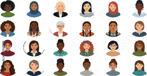 Tableau sur toile Diverse Women Avatar Collection Featuring Multicultural Female Portraits, Modern