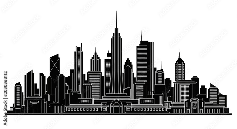 Obraz premium Black and White Silhouette of a Modern City Skyline Landscape