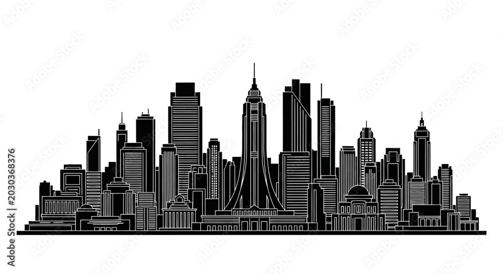 Obraz premium Modern city skyline silhouette, urban architecture vector illustration