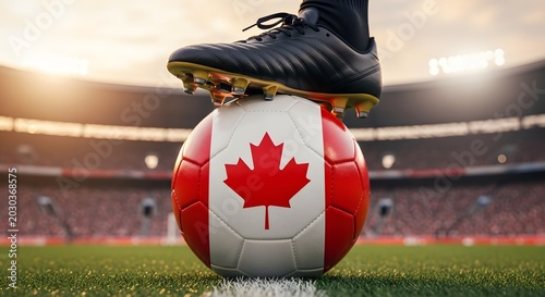 Soccer player foot on ball with canadian flag in stadium