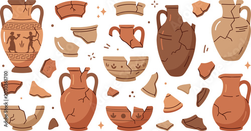 Photos Ancient Pottery Illustration Featuring Archaeological Artifact Scenes in Vector