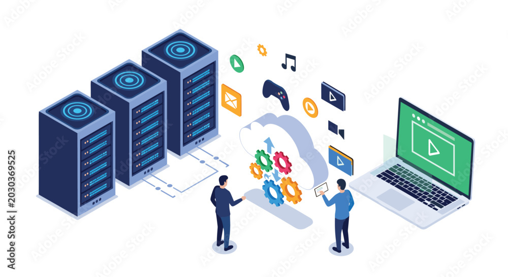 Fototapeta premium IT professionals managing cloud computing services and server network with various digital content and media icons.