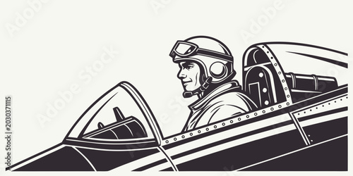 Foto Fighter pilot portrait inside a vintage plane cockpit with airplane aviation air