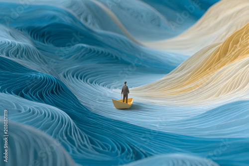 Leader navigating paper waves that shift in patterns, adaptability theme, fluid papercraft aesthetic