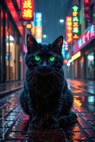 A sleek black cat with vivid green eyes sits on a rain-soaked brick street, surrounded by glowing neon signs reflecting across the pavement, evoking a cinematic Tokyo night.