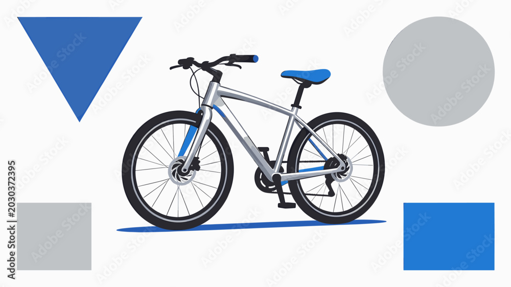 Fototapeta premium A detailed illustration of a silver mountain bike with blue accents, set against a white background with abstract geometric shapes.