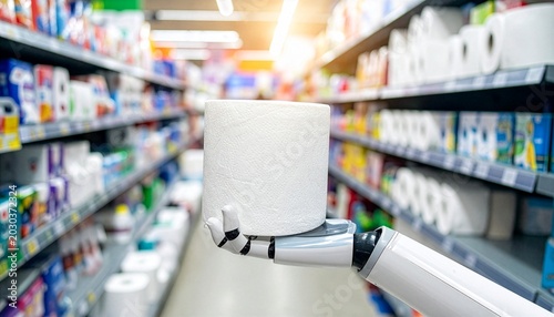 A robotic hand holds a roll of toilet paper in an aisle of a supermarket, highlighting automated retail and future shopping trends.