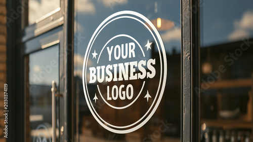 Business logo window glass mockup company door signage shop front branding logo decal office entrance circle emblem modern reflection