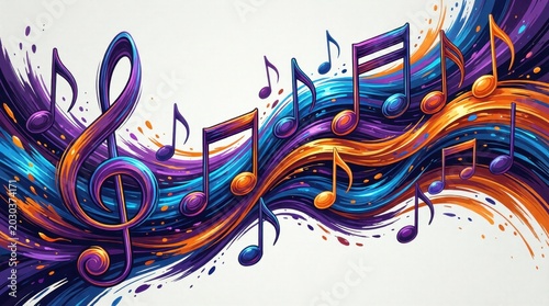 Colorful musical notes sweeping along vibrant painted wave