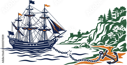 Historical sailing ship anchored near a coastal cliff with anchor tall ship historical adventure maritime nautical exploration discover landscape illustration transport