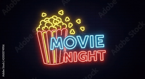Neon Movie Night Sign with Popcorn Illustration.