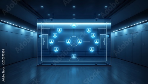 Coaching strategy board glowing in professional team locker room minimalist 3d digital illustration for athletic team management