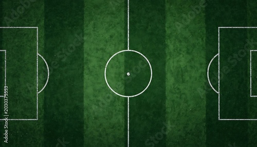 Soccer field overhead view displaying symmetrical grass stripes and white markings on a professional stadium pitch for sports coaching apps