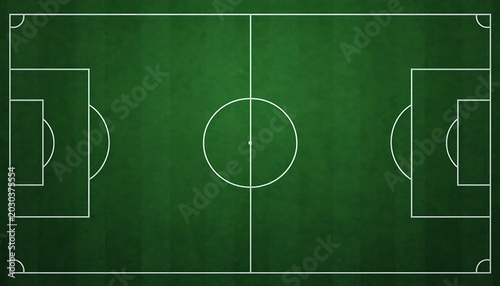 Soccer field overhead layout showing white markings on lush green turf for sports tactical strategy presentations