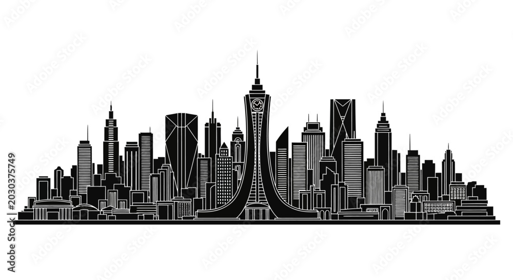 Fototapeta premium Modern City Skyline Silhouette with Iconic Central Skyscraper