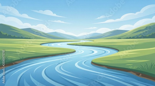 Winding river flowing between green hills under blue sky