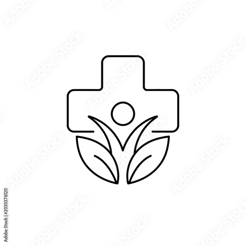 Modern linear medical cross icon with abstract human figure and green leaves, symbolizing holistic natural health, wellness, and environmental care through a clean, minimalist design