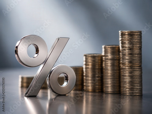Metal Percent Symbol With Rising Stacks Of Coins