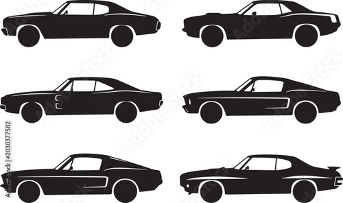 Foto A diverse collection of six classic American muscle car vehicle silhouettes in s