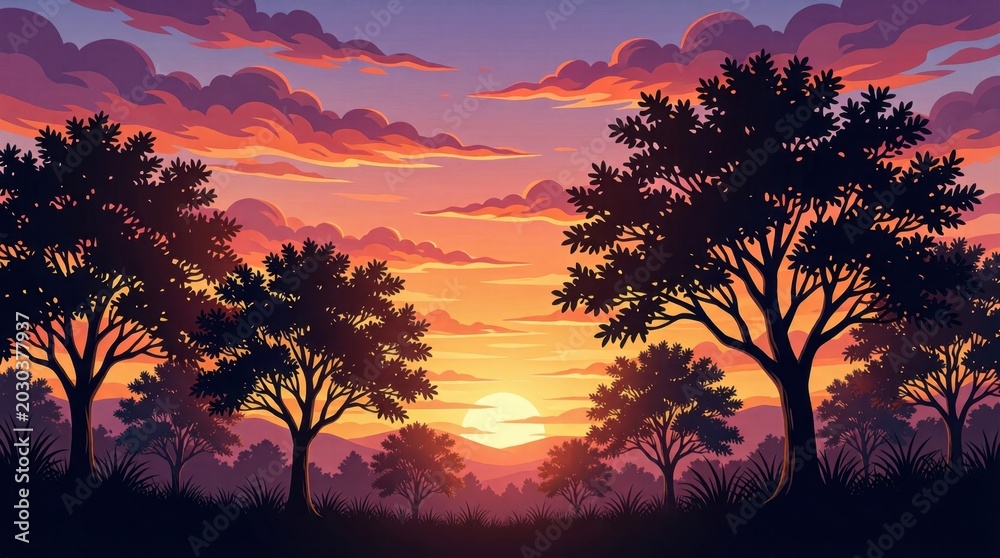 Fototapeta premium Silhouetted trees at sunset over rolling hills and colorful sky