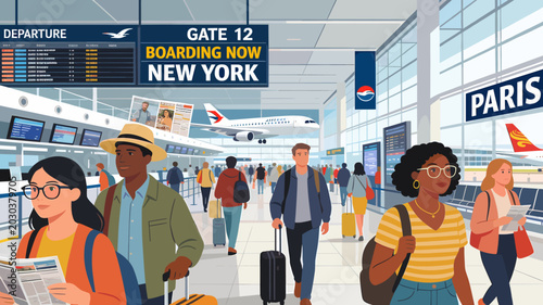 Tableau sur toile Diverse group of travelers with luggage navigating a busy airport terminal with departure boards and airplanes visible