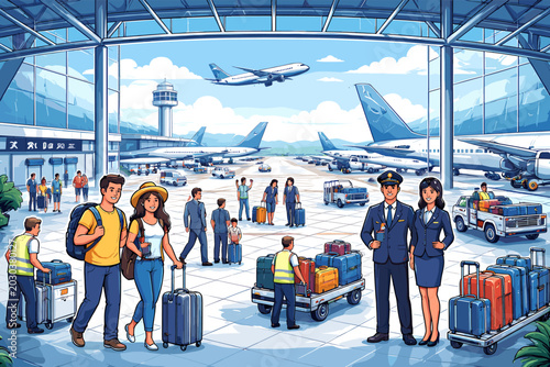 Fotografie A busy airport terminal with passengers, luggage, and airplanes on the tarmac, showcasing the hustle and bustle of travel