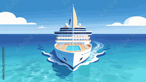 Foto A majestic cruise ship sails across a vibrant turquoise ocean under a clear blue sky with fluffy white clouds