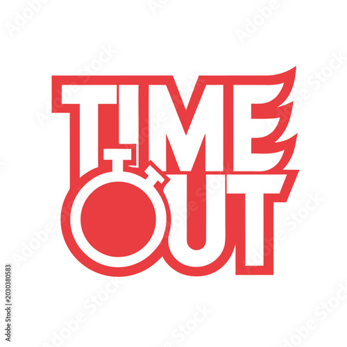 Red and white time out text with a stopwatch and stylized flame on a white background