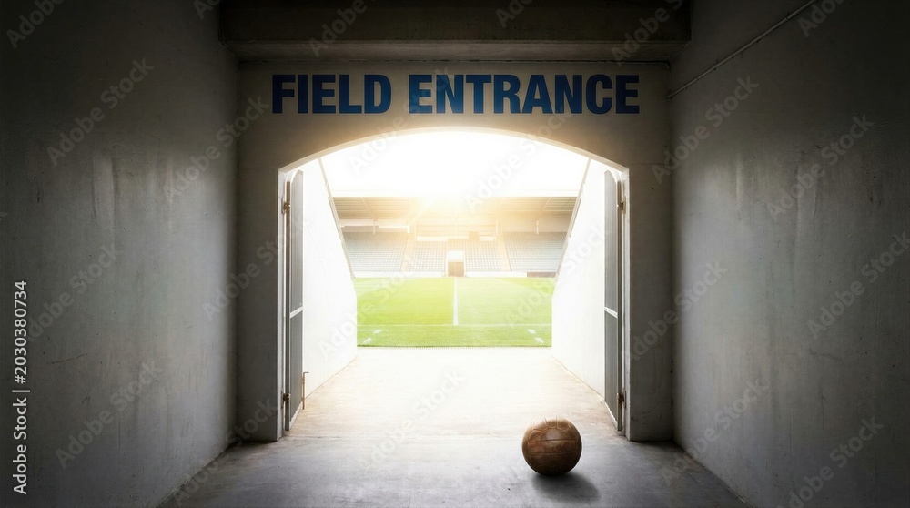 Obraz premium View from tunnel to soccer field entrance with ball on ground. Concept of athlete entering stadium for professional football match. Sports competition and tournament excitement atmosphere.