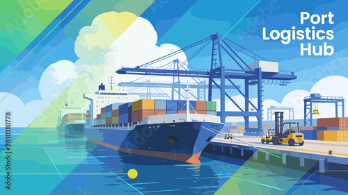 Tableau sur toile Illustrative depiction of a bustling port logistics hub with cargo ships, large cranes, and a forklift on the dock under a blue sky