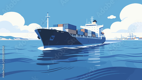A large container ship sails across a calm blue ocean under a clear sky, with a distant port visible on the horizon.