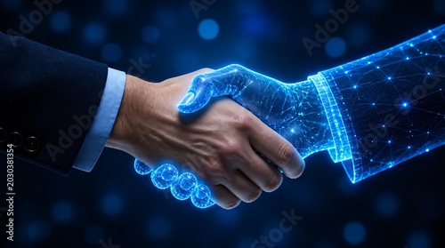 A handshake between a human hand and a glowing digital interface hand, symbolizing the connection between people and technology.